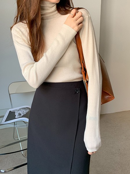 韩迅女装2019秋冬季米色纯色针织衫