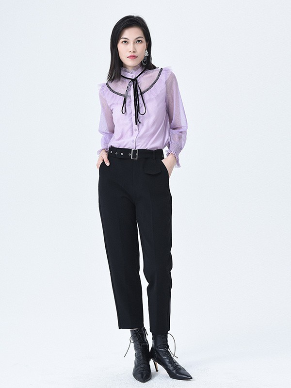 依妙2020秋冬季紫色木耳边衬衫