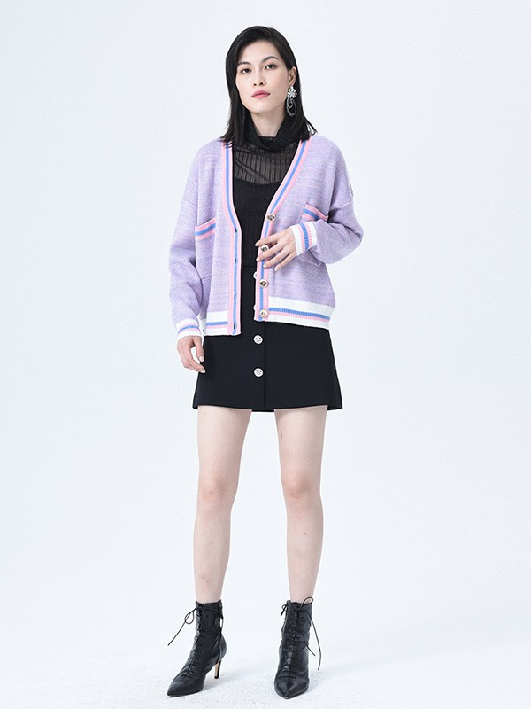 依妙2020秋冬季紫色撞色针织衫