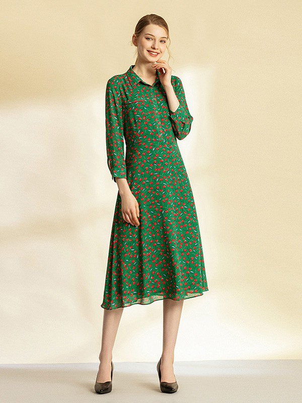 吉蒂2020秋季绿色印花连衣裙