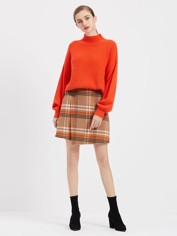 臣枫女装2020秋冬季橙色纯色针织衫