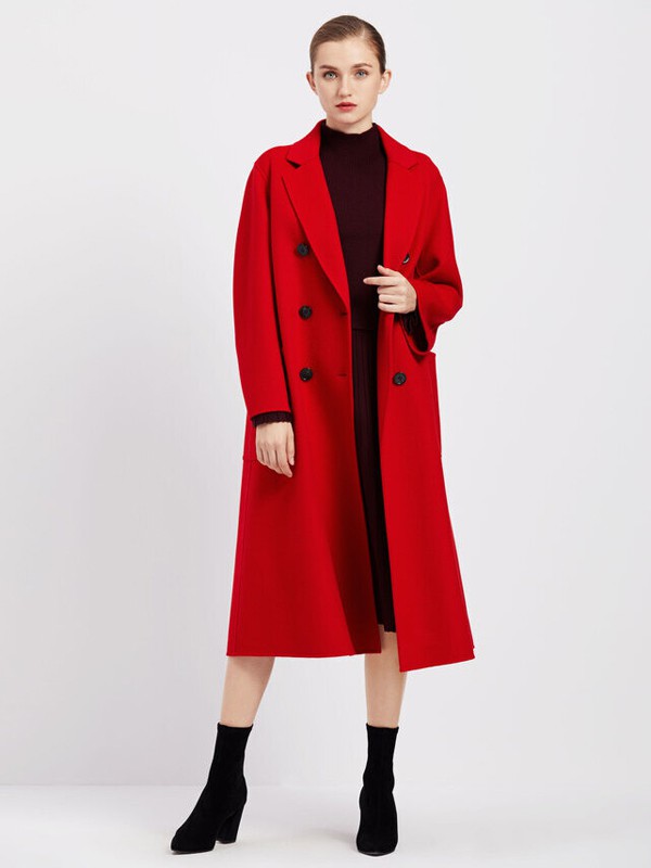 臣枫女装2020秋冬季红色长款大衣