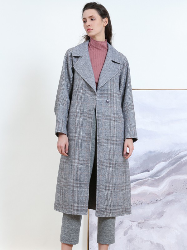丽莫女装2020秋冬季灰色格子外套