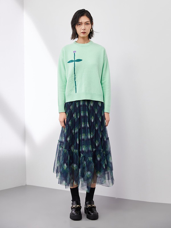 OTT女装2020秋冬季绿色图案毛衣