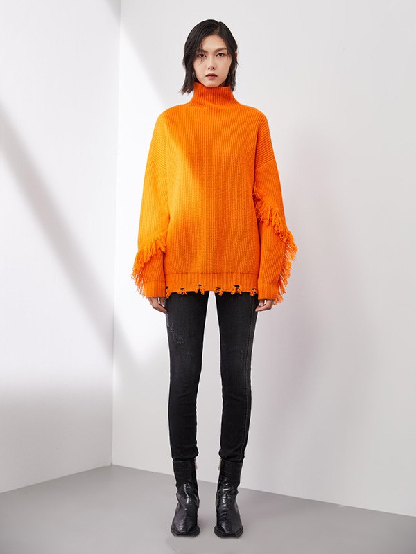 OTT女装2020秋冬季橙色高领毛衣