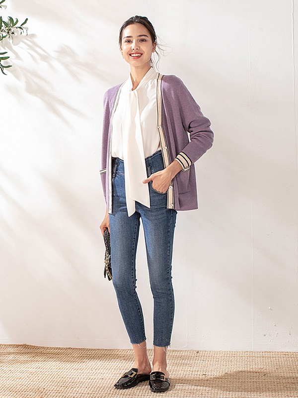 蒂蒂卡娜女装2020秋冬季紫色撞色针织衫