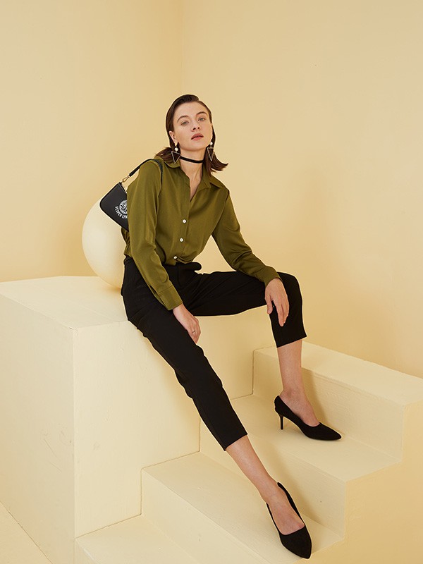 Vesper Lynd品牌女装2021新款秋冬季黄绿衬衫