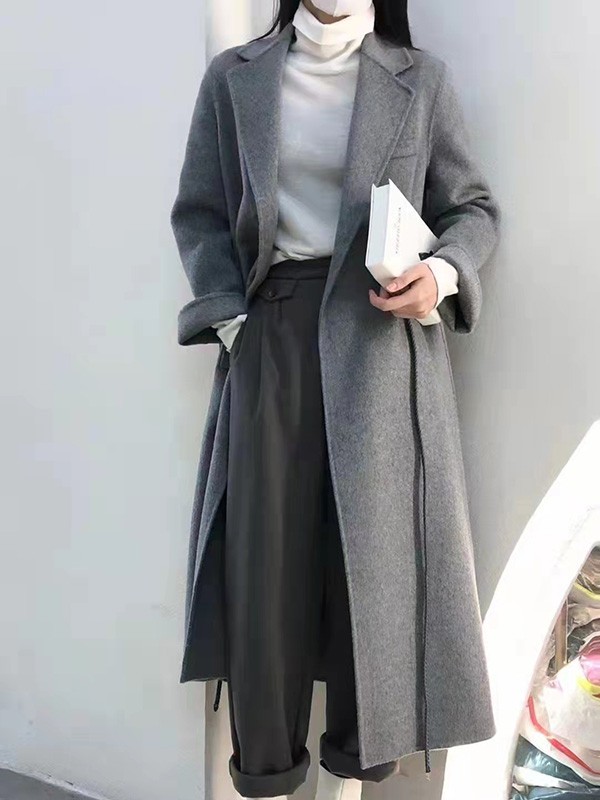 赫本家女装2021秋冬季灰色长款大衣