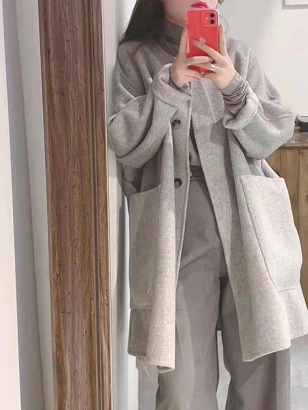 赫本家女装2021秋冬季灰色纯色大衣