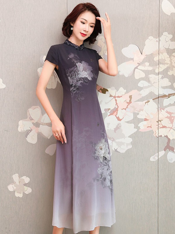 帛媛2021春夏季紫色印花连衣裙