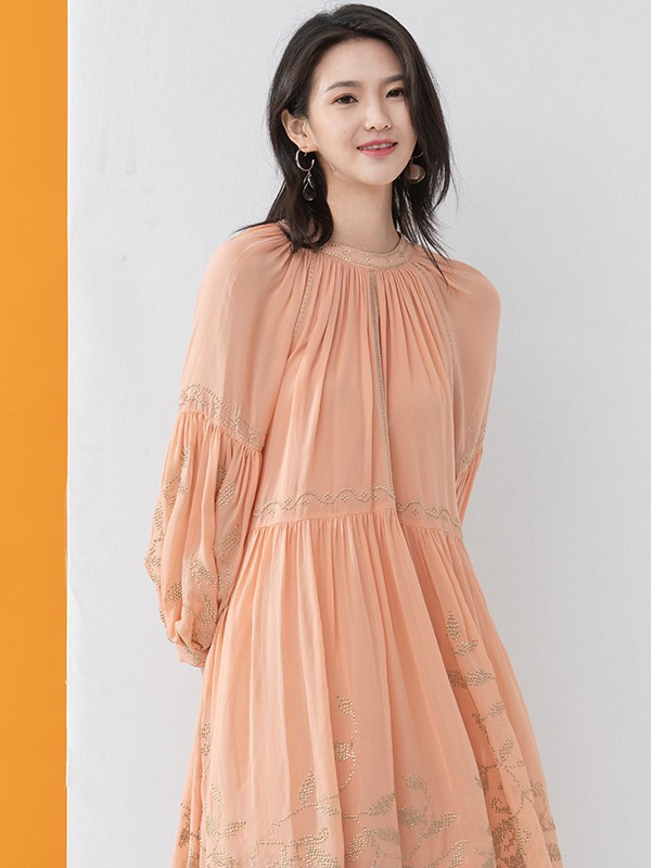 ​凝慧女装2021春夏季橙色纯色连衣裙