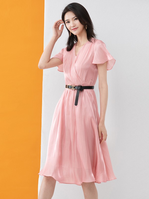 ​凝慧女装2021春夏季粉色纯色连衣裙