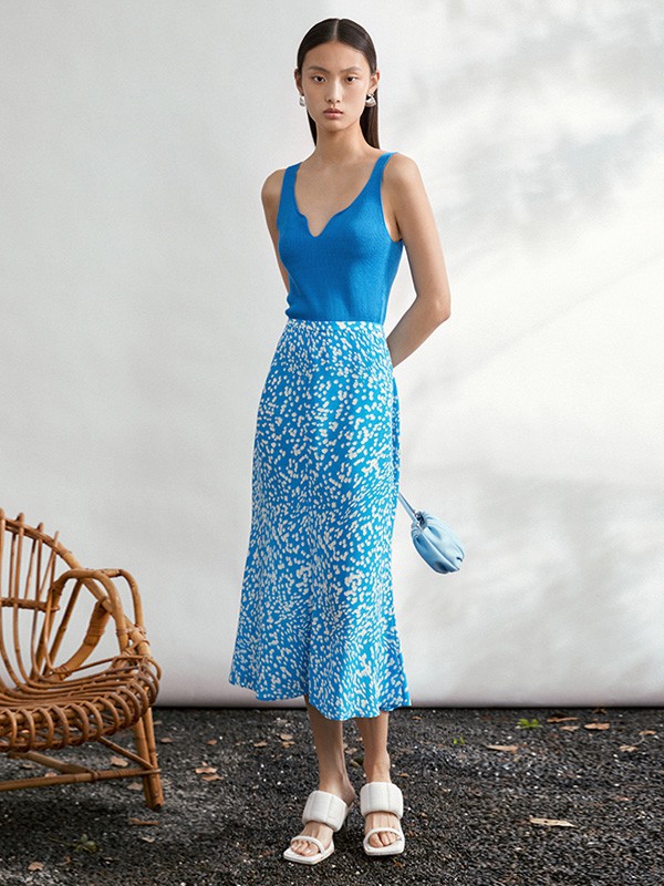 致知女装2021春夏季蓝色波点半身裙