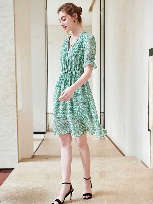 海尼女装2021春夏季绿色印花连衣裙