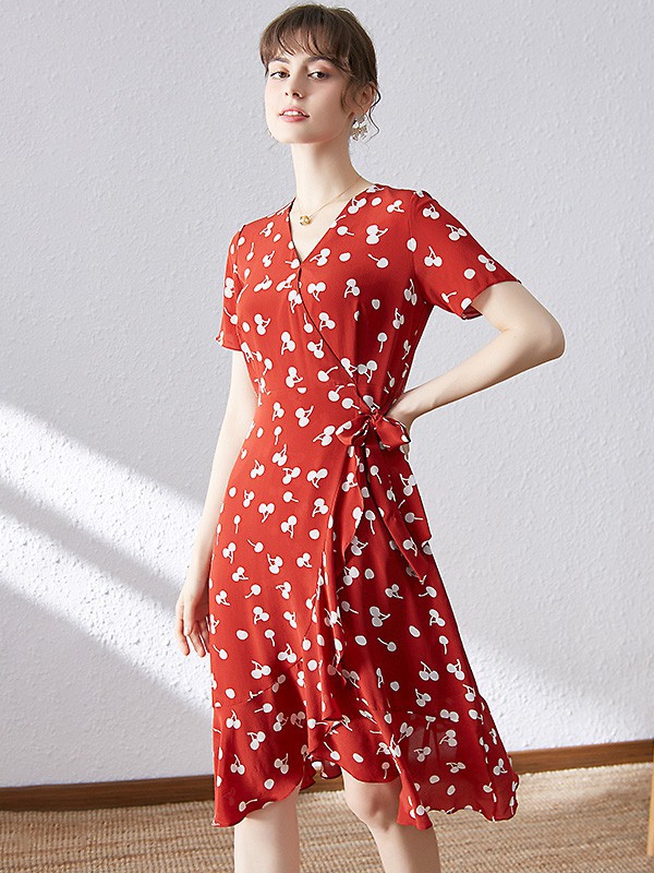 ​宾丽女装2021春夏季红色印花连衣裙