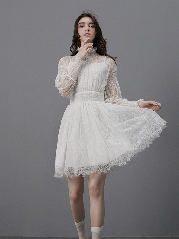 卡芮茜女装2021春夏季白色纱网连衣裙