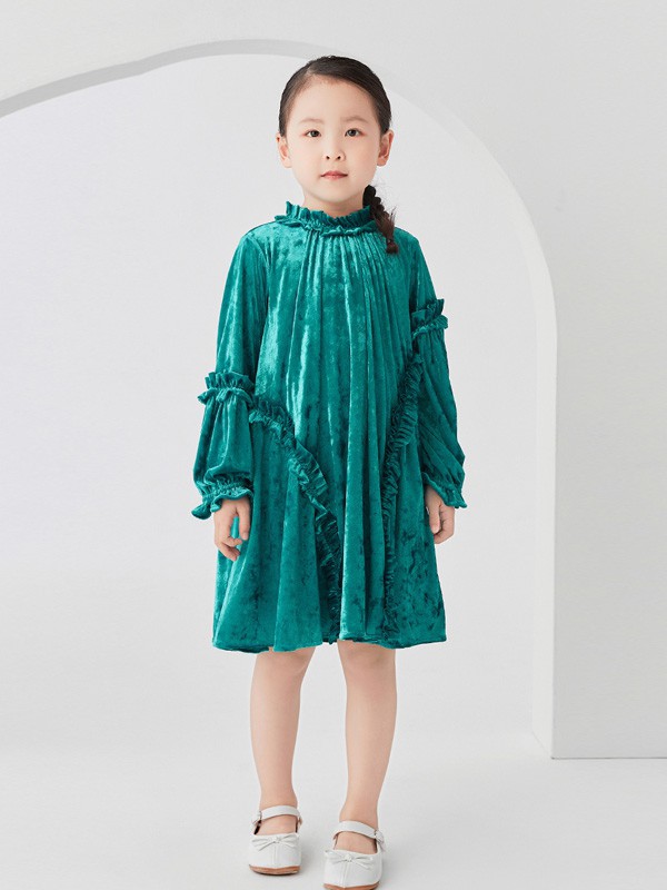 考拉和月亮童装2021秋冬季墨绿色木耳边连衣裙