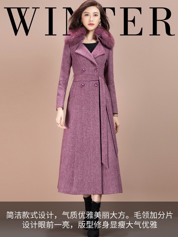 纳绎女装2021秋冬季紫色带毛领大衣