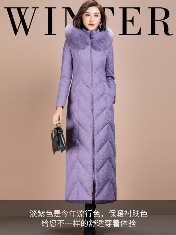 纳绎2021秋冬季紫色带毛领羽绒服