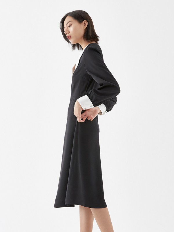 ​COCOCOZI女装2021秋冬季黑色纯色连衣裙