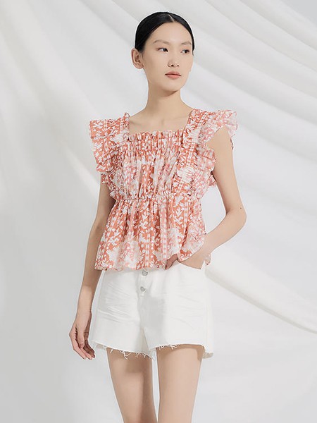MeMx2021春夏季橙色印花雪纺衫