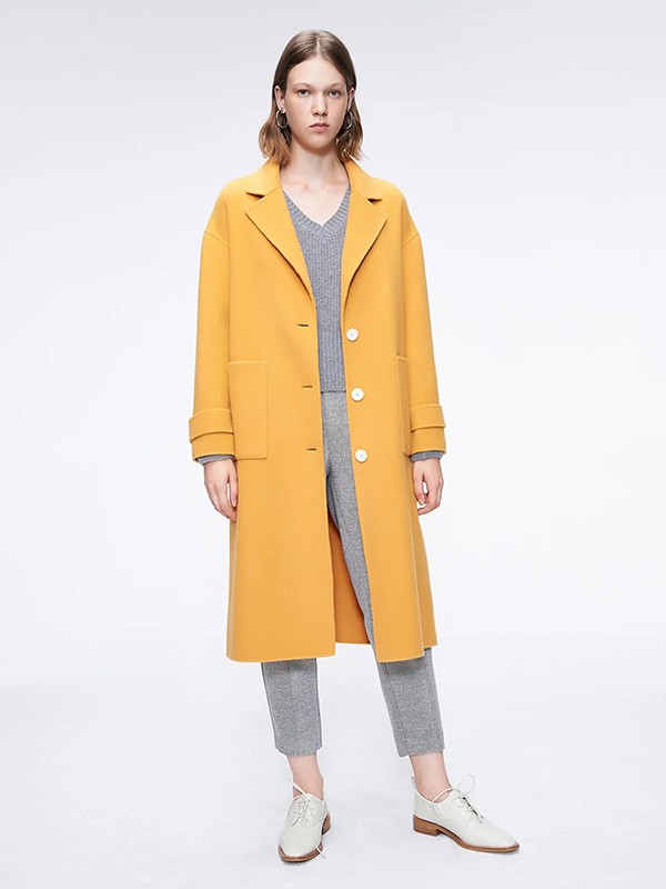 玛塞莉女装2021秋冬季黄色纯色大衣