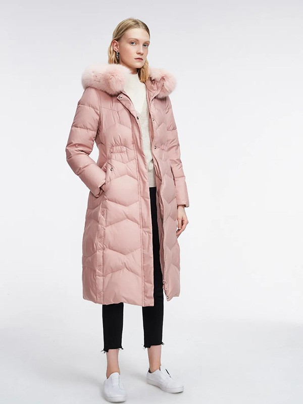 玛塞莉女装2021秋冬季粉色带毛领羽绒服