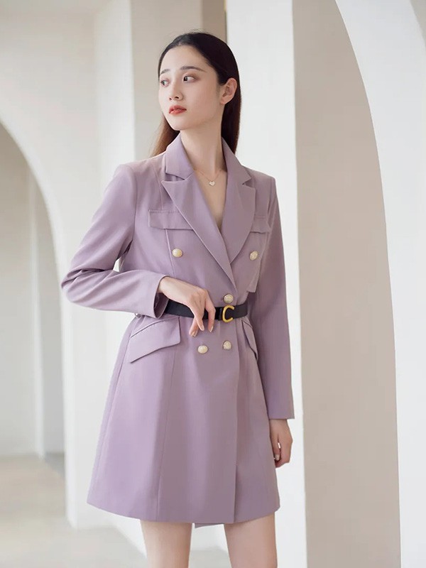拉素2021秋冬季紫色纯色连衣裙