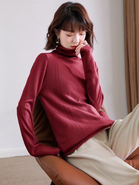 Modeern女装2021秋冬季酒红色高领针织衫