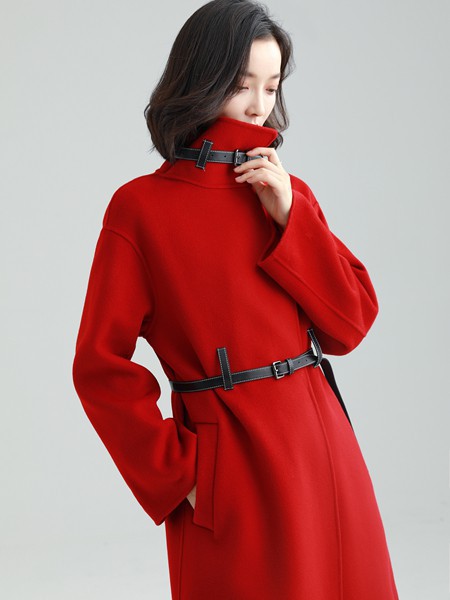 Modeern女装2021秋冬季酒红色高领大衣