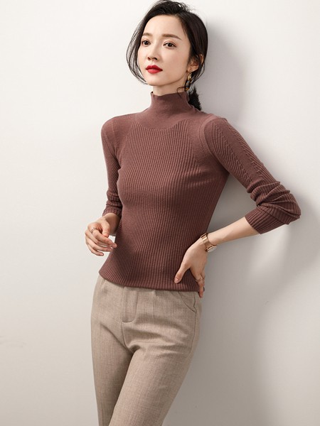 Modeern女装2021秋冬季咖啡色高领针织衫