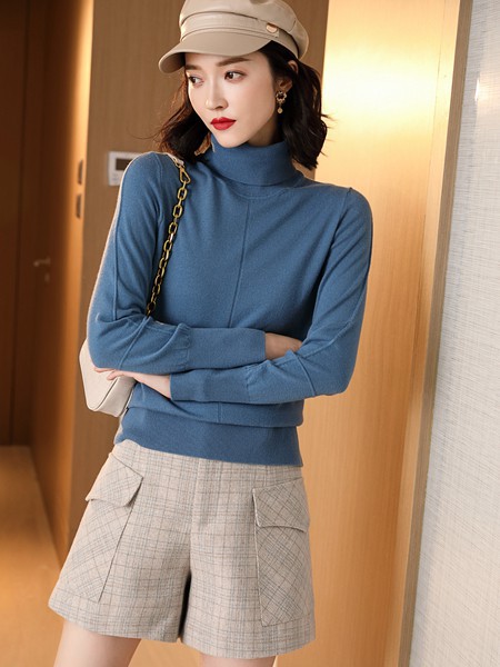 Modeern女装2021秋冬季藏蓝色高领针织衫