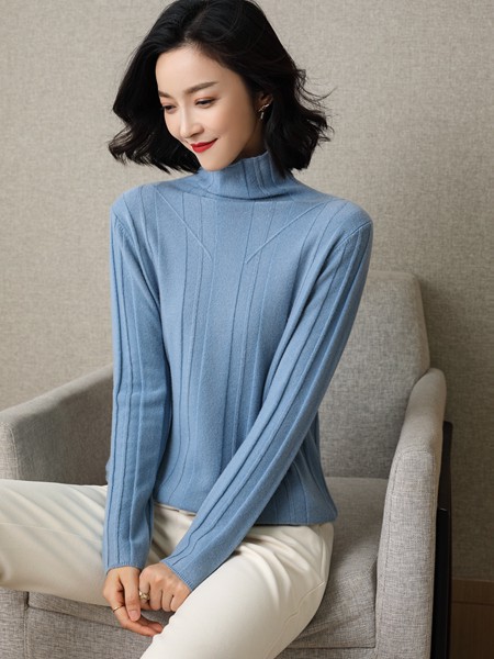 Modeern女装2021秋冬季蓝色高领针织衫