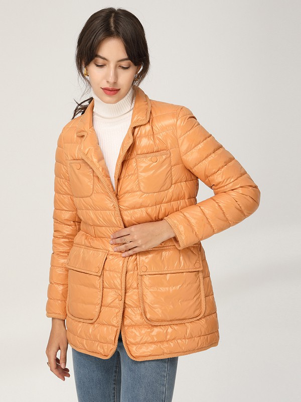 皮尔卡丹女装2021秋冬季橙色纯色羽绒服