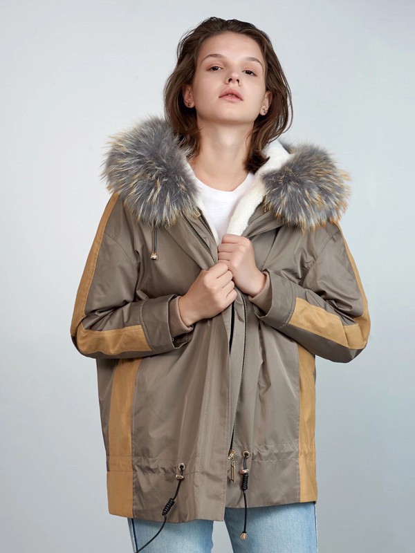 菲菲拉品女装2021秋冬季棕色带毛领派克服