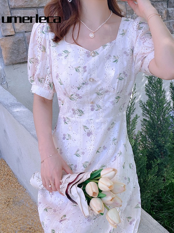 优慕莱咔女装2022春夏季白色印花连衣裙