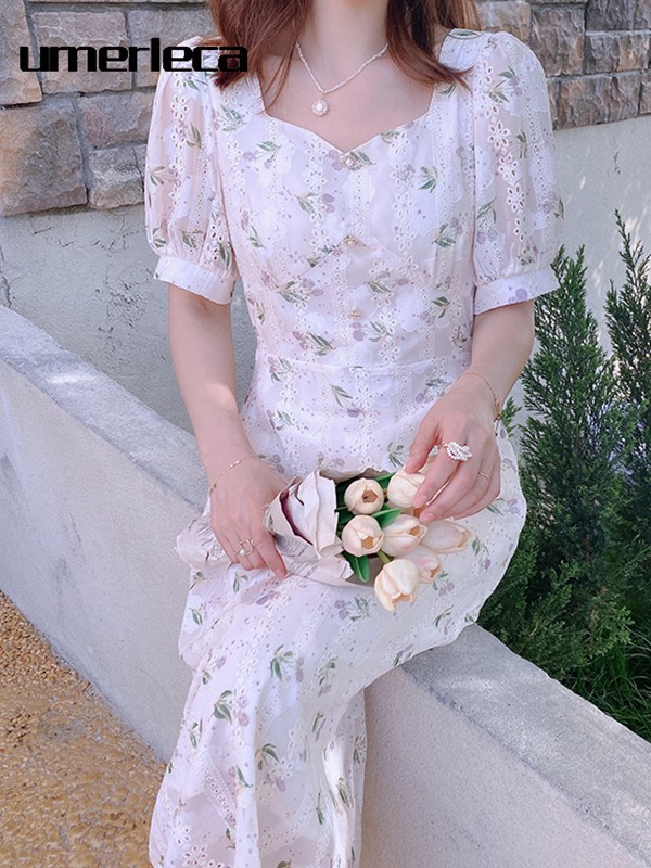 优慕莱咔女装2022春夏季白色印花连衣裙
