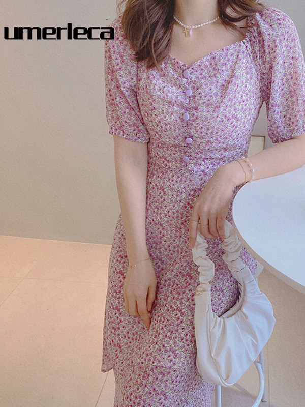 优慕莱咔女装2022春夏季粉色印花连衣裙