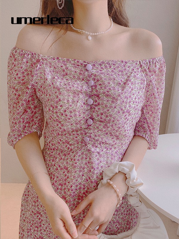 优慕莱咔女装2022春夏季粉色一字肩连衣裙