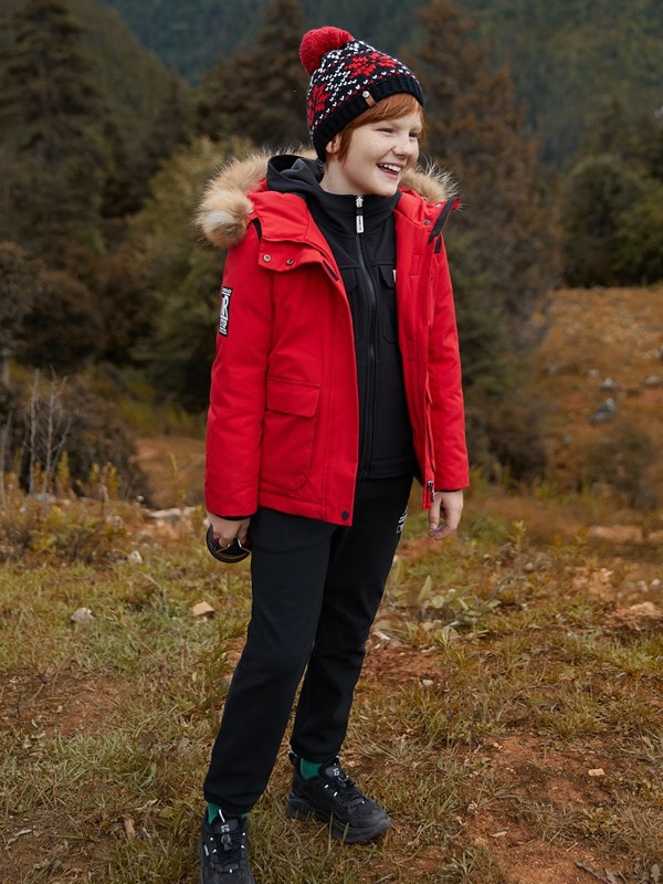 探路者运动装2021秋冬季红色带毛领派克服