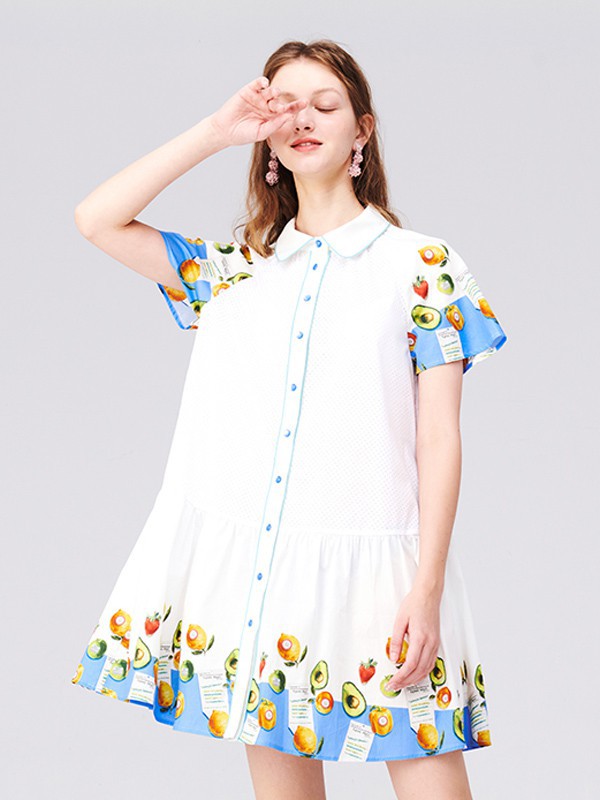 TANNI2022春夏季白色印花衬衫裙