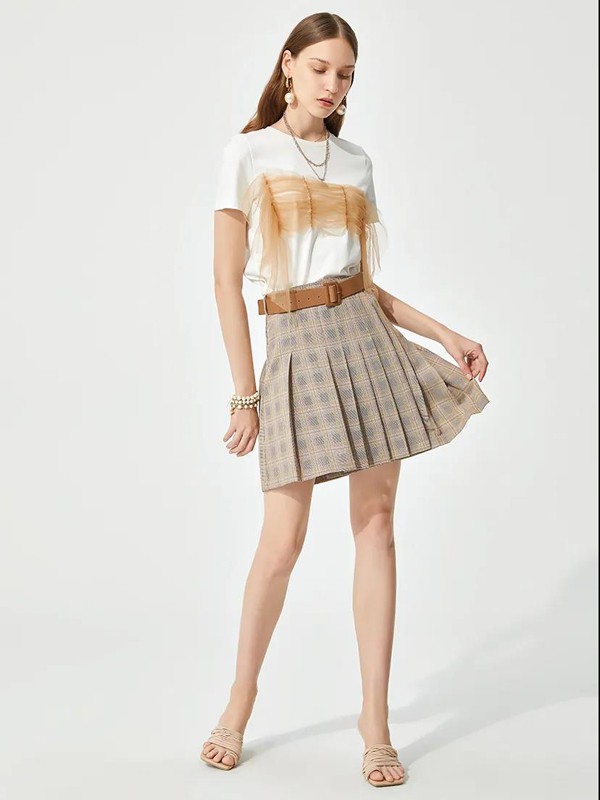 MCClare2022春夏季棕色格子百褶裙