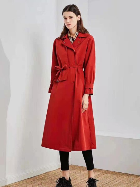 莎融品牌女装2021新款秋冬季红色风衣