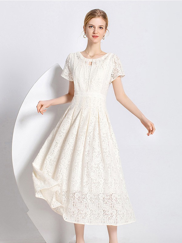 爱弗瑞女装2020春夏季白色蕾丝连衣裙