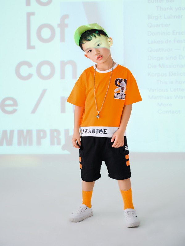 西瓜王子童装2021夏季橙色印花T恤
