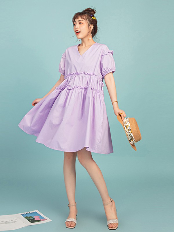 臻色调女装2021夏季紫色褶皱连衣裙