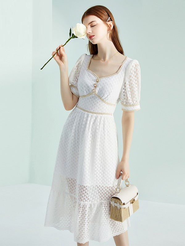 朗文斯汀女装2020春夏季白色连衣裙