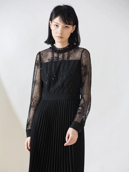 阿莱贝琳女装2021春夏季黑色蕾丝连衣裙