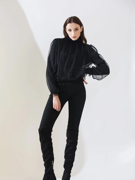 阿莱贝琳女装2021春夏季黑色拼接雪纺衫