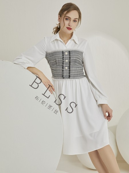 布伦圣丝女装2021春夏季白色印花衬衫裙